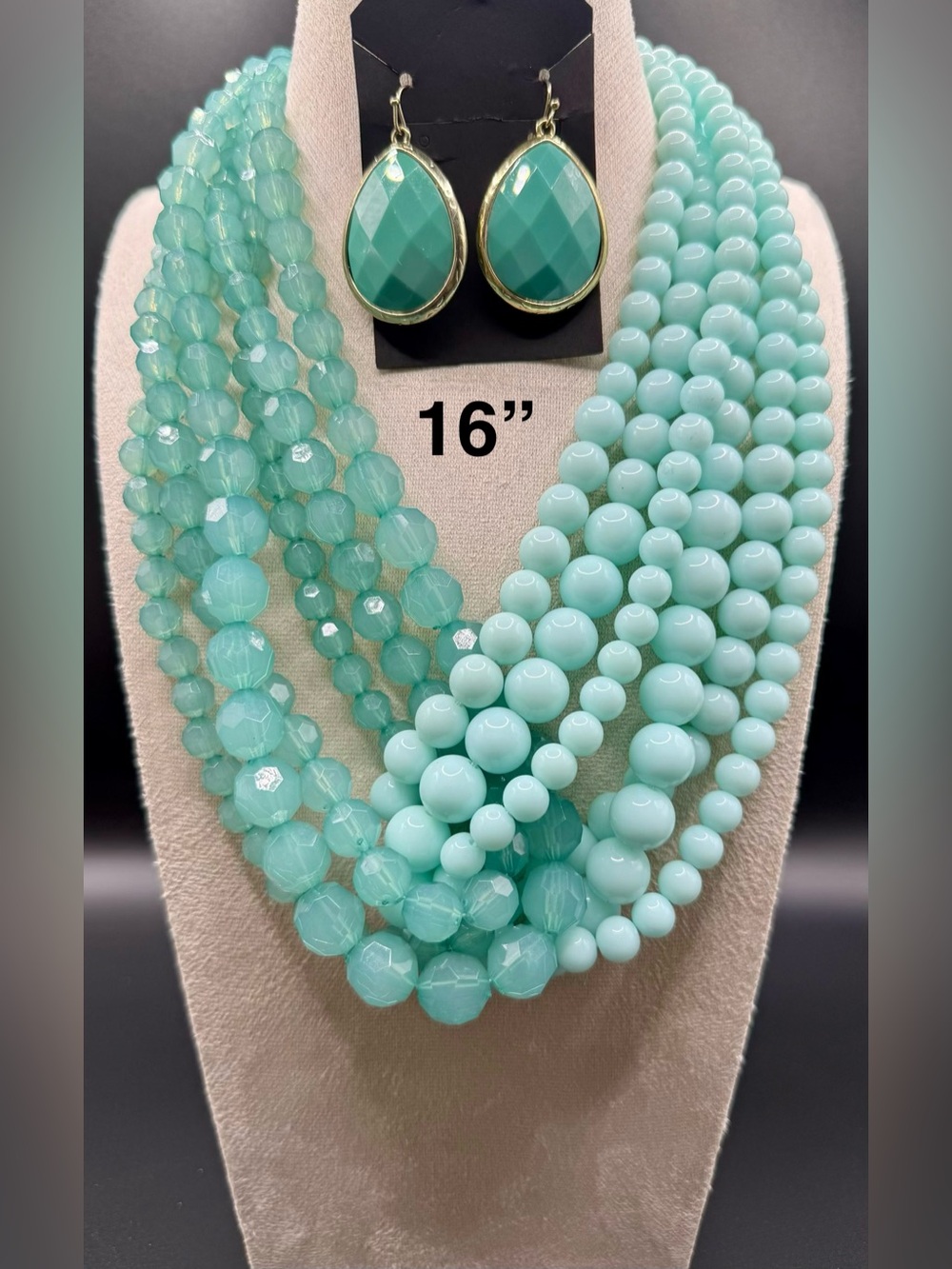 Multi-Strand Aqua Bead Necklace with Matching Earrings - 16"